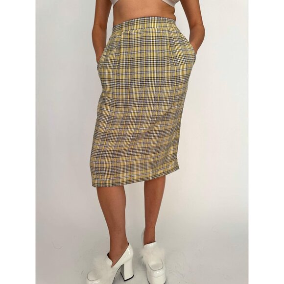 90s vintage yellow tartan plaid Clueless blazer pencil skirt matching suit set - Picture 7 of 9